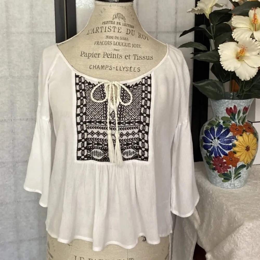 Abercrombie & Fitch Wom XS Boho Cottage Core Milkmaid Embroid’d Crop Top Tunic